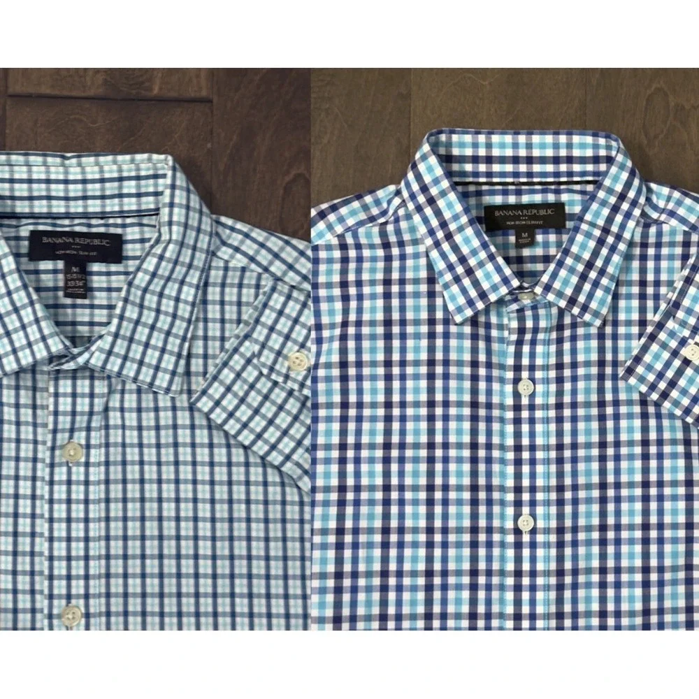 Banana‎ Republic Lot Of Two Mens Blue Plaid Button Down Non Iron Slim Fit Size M